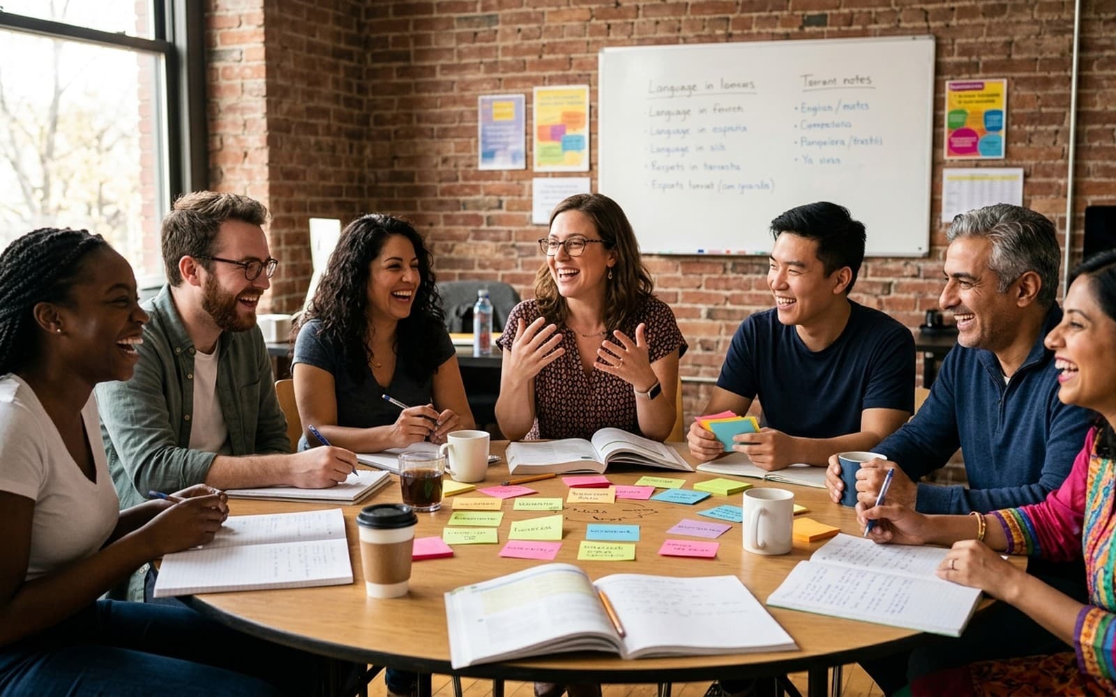 Students laughing in a group class