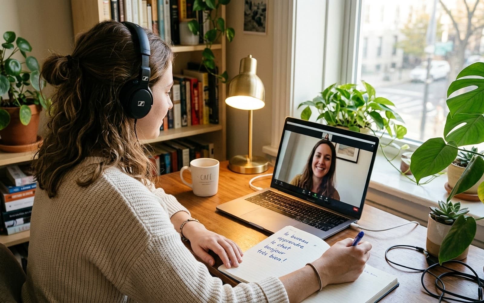 A student in a live online lesson on a laptop